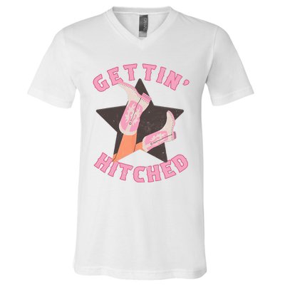 Western Gettin' Hitched Bridal Bachelorette Party Matching V-Neck T-Shirt