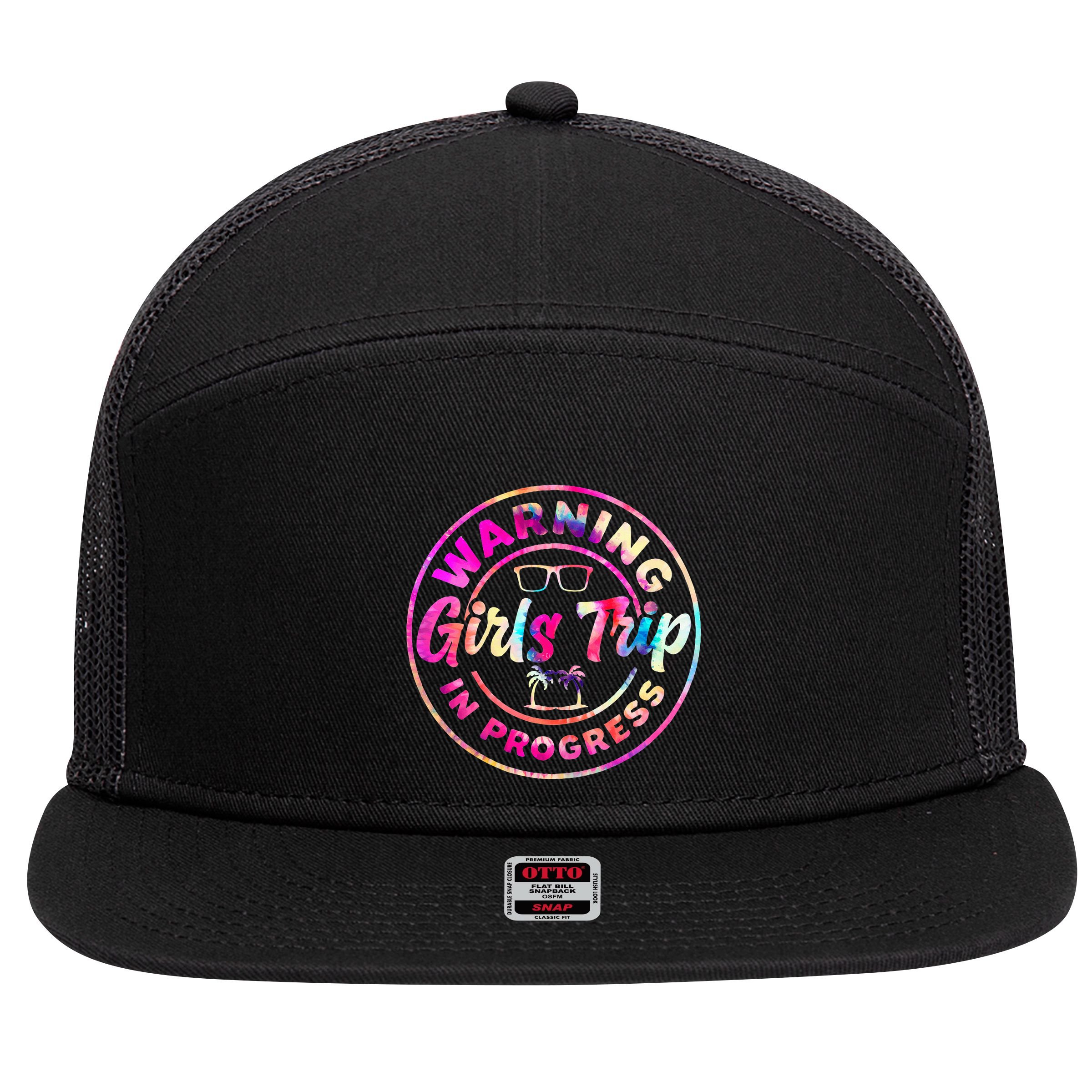 Warning GirlsTrip In Progress Tie Dye Travel Vacation 7 Panel Mesh Trucker Snapback Hat