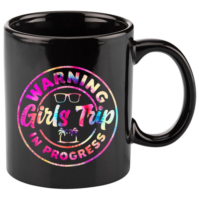 Warning GirlsTrip In Progress Tie Dye Travel Vacation 11oz C Handle Ceramic Mug