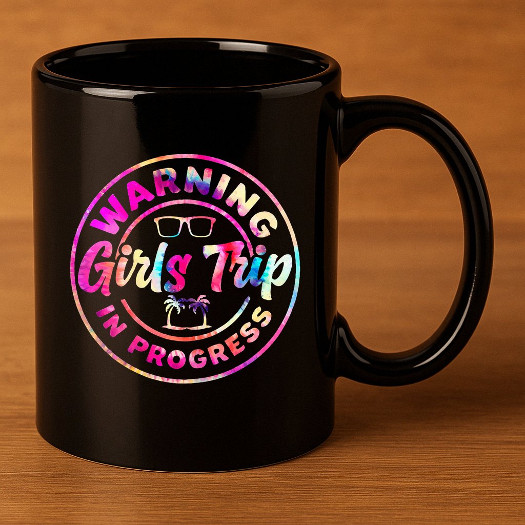 Warning GirlsTrip In Progress Tie Dye Travel Vacation 11oz C Handle Ceramic Mug