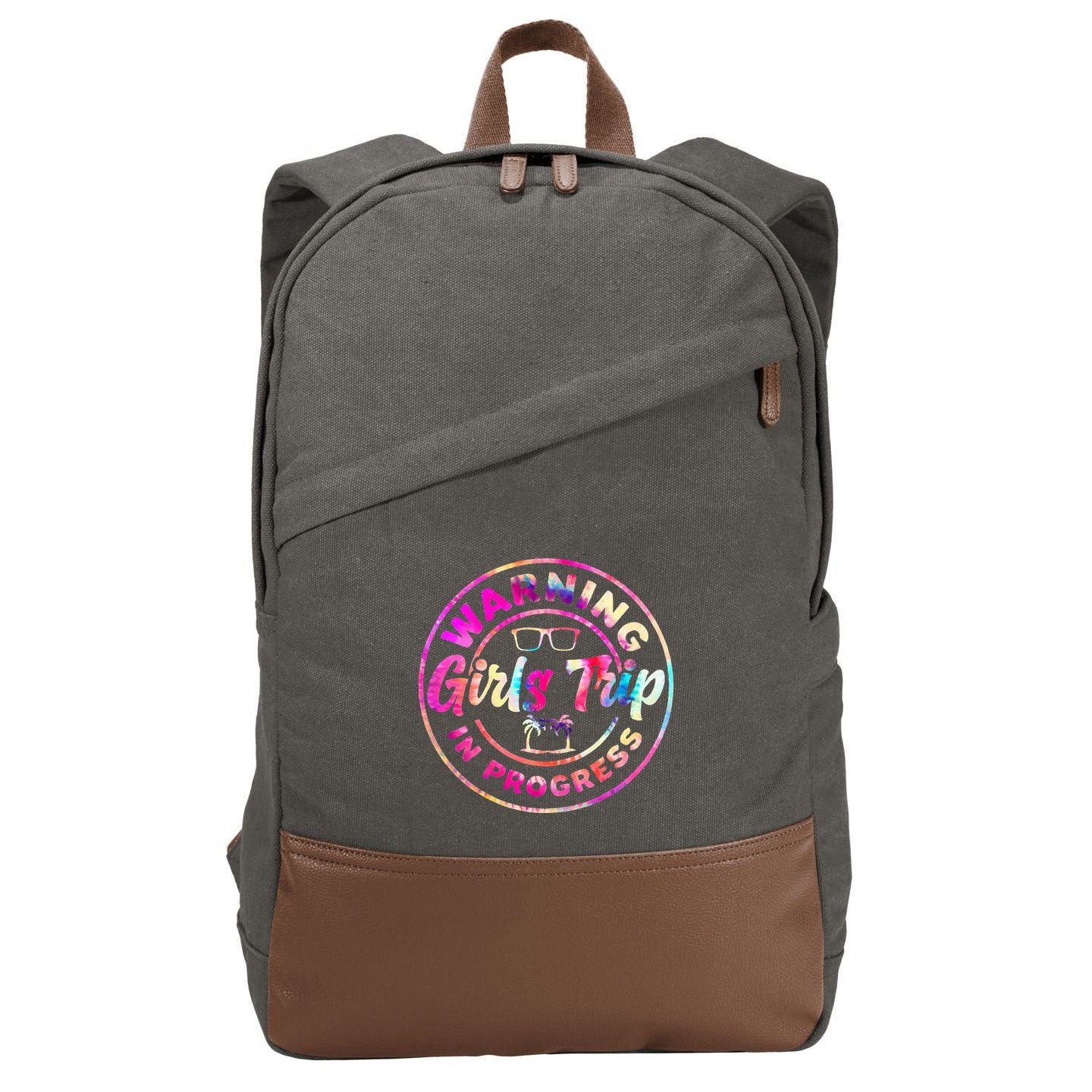 Warning GirlsTrip In Progress Tie Dye Travel Vacation Cotton Canvas Backpack