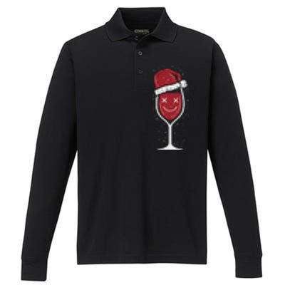 Wine Glass Ing Face Santa Hat Funny Christmas Funny Gift Performance Long Sleeve Polo