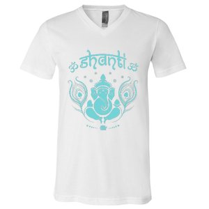 Womens Ganesh Lucky Elephant Peacock Feather & Lotus Shanti OM Yoga V-Neck T-Shirt