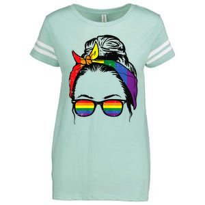 Womens Gay Mom Messy Hair Bun LGBTQ Rainbow Pride Enza Ladies Jersey Football T-Shirt