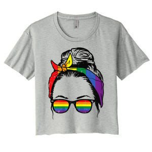 Womens Gay Mom Messy Hair Bun LGBTQ Rainbow Pride Women's Crop Top Tee