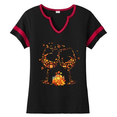 Wine Glass Maple Leaf Autumn Fall Season Thanksgiving Ladies Halftime Notch Neck Tee