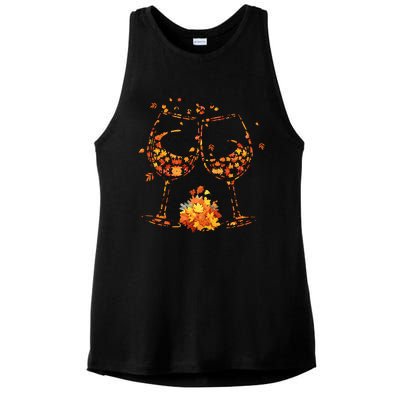 Wine Glass Maple Leaf Autumn Fall Season Thanksgiving Ladies PosiCharge Tri-Blend Wicking Tank