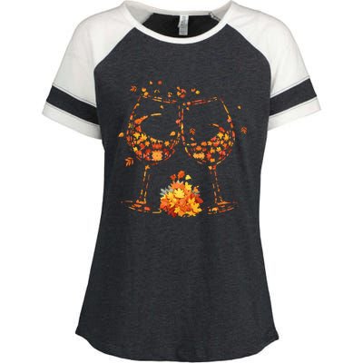 Wine Glass Maple Leaf Autumn Fall Season Thanksgiving Enza Ladies Jersey Colorblock Tee