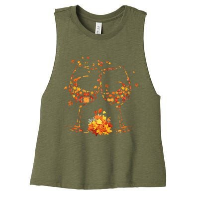 Wine Glass Maple Leaf Autumn Fall Season Thanksgiving Women's Racerback Cropped Tank