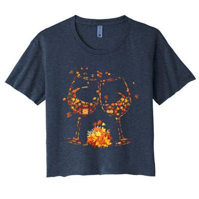 Wine Glass Maple Leaf Autumn Fall Season Thanksgiving Women's Crop Top Tee