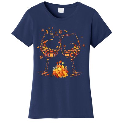 Wine Glass Maple Leaf Autumn Fall Season Thanksgiving Women's T-Shirt