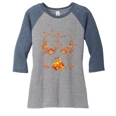 Wine Glass Maple Leaf Autumn Fall Season Thanksgiving Women's Tri-Blend 3/4-Sleeve Raglan Shirt