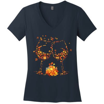 Wine Glass Maple Leaf Autumn Fall Season Thanksgiving Women's V-Neck T-Shirt