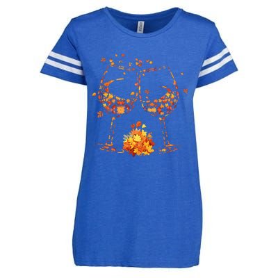 Wine Glass Maple Leaf Autumn Fall Season Thanksgiving Enza Ladies Jersey Football T-Shirt