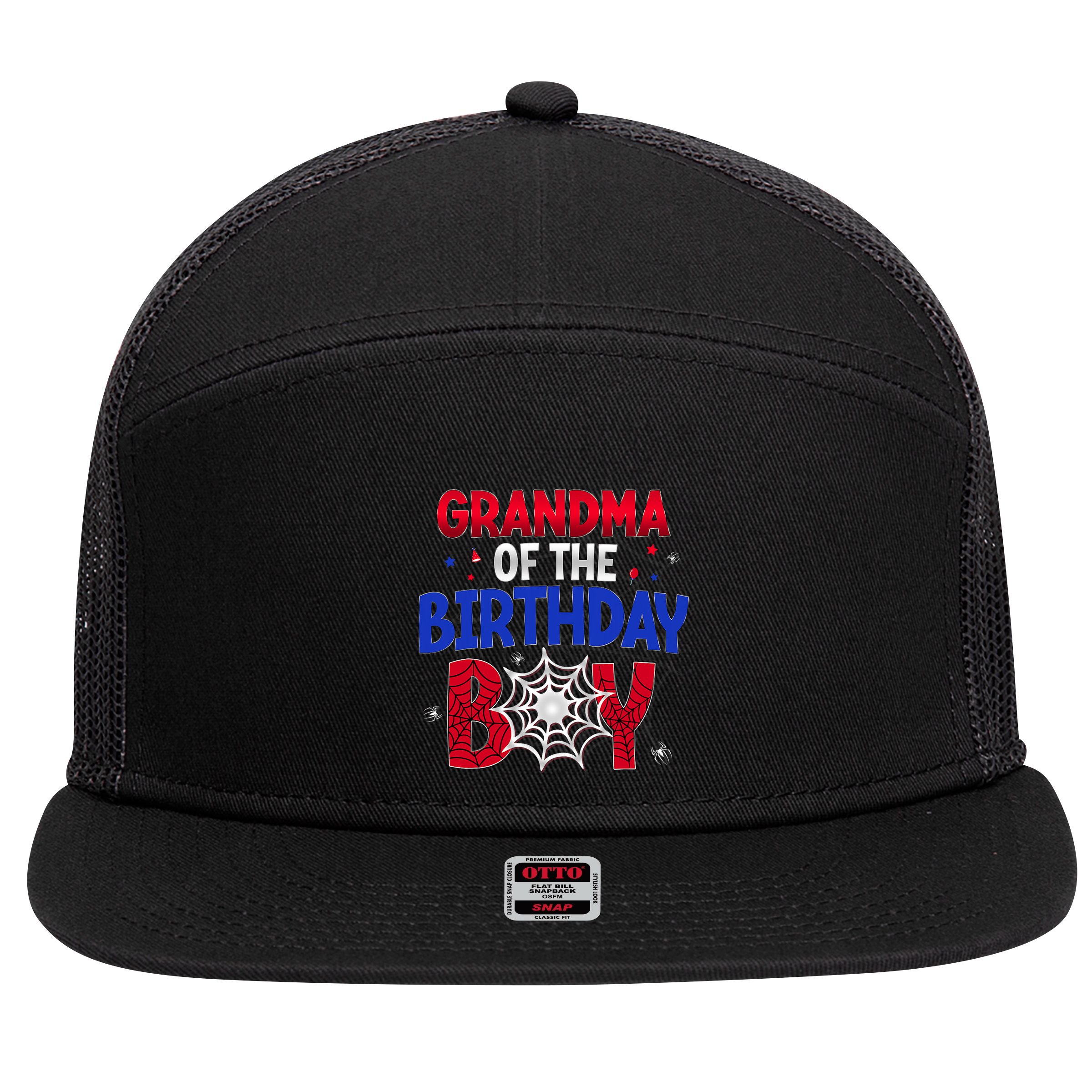 Women Grandma Of The Birthday Boy Matching Spider Web Family 7 Panel Mesh Trucker Snapback Hat