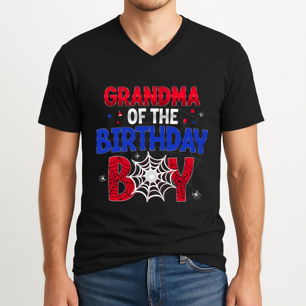 Women Grandma Of The Birthday Boy Matching Spider Web Family V-Neck T-Shirt