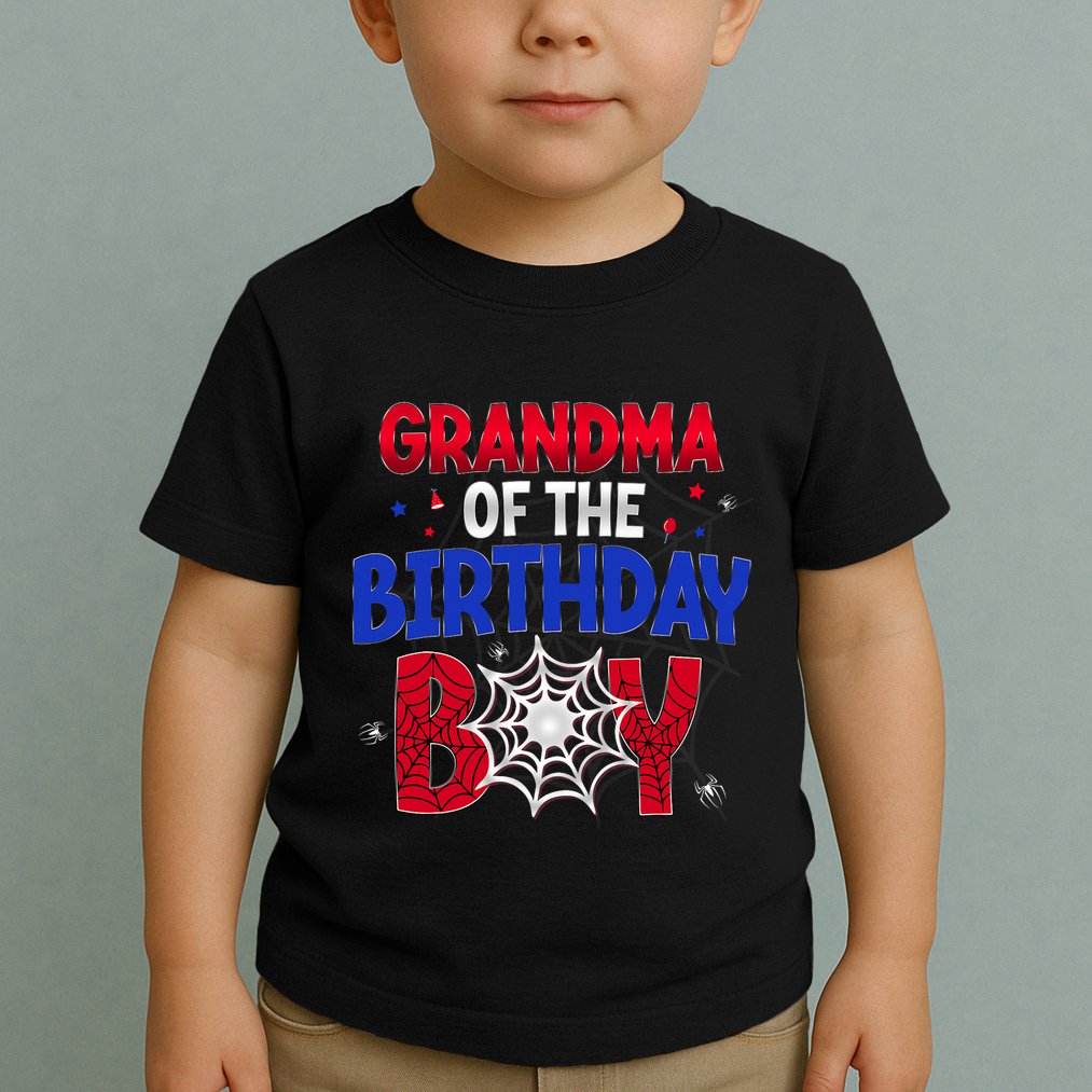 Women Grandma Of The Birthday Boy Matching Spider Web Family Toddler T-Shirt