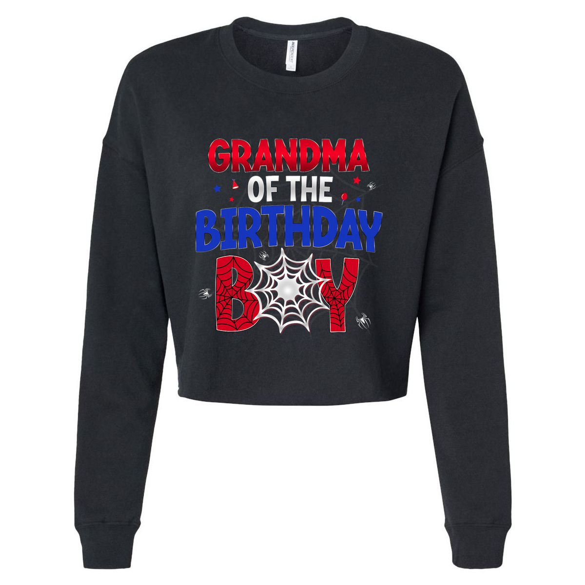 Women Grandma Of The Birthday Boy Matching Spider Web Family Cropped Pullover Crew