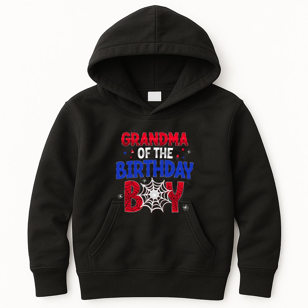 Women Grandma Of The Birthday Boy Matching Spider Web Family Kids Hoodie