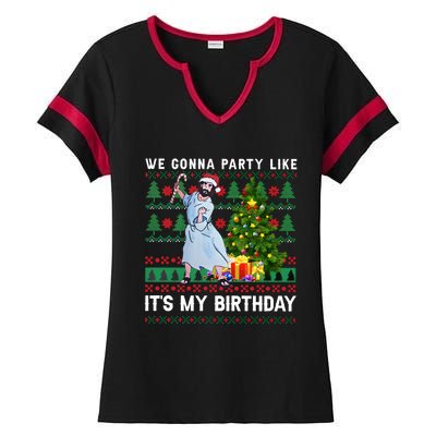 We Gonna Party Like Its My Birthday Ugly Christmas Jesus Ladies Halftime Notch Neck Tee