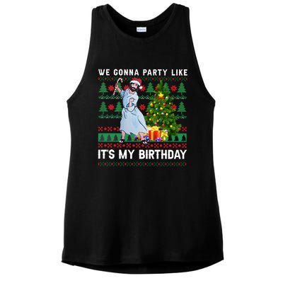 We Gonna Party Like Its My Birthday Ugly Christmas Jesus Ladies PosiCharge Tri-Blend Wicking Tank