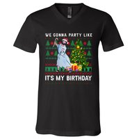 We Gonna Party Like Its My Birthday Ugly Christmas Jesus V-Neck T-Shirt