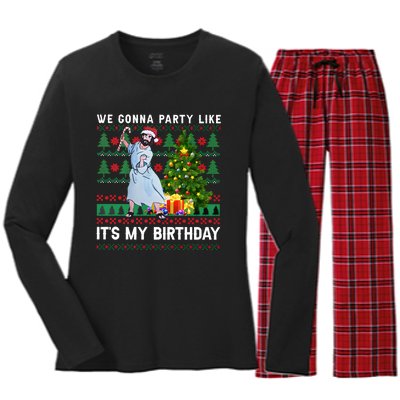 We Gonna Party Like Its My Birthday Ugly Christmas Jesus Women's Long Sleeve Flannel Pajama Set 