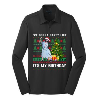 We Gonna Party Like Its My Birthday Ugly Christmas Jesus Silk Touch Performance Long Sleeve Polo