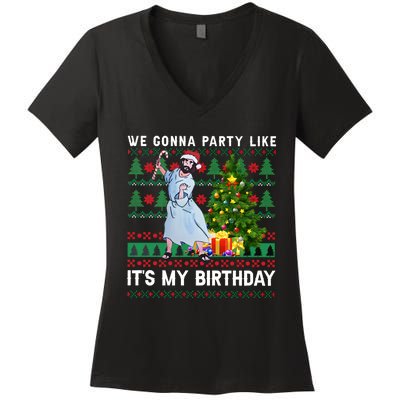 We Gonna Party Like Its My Birthday Ugly Christmas Jesus Women's V-Neck T-Shirt