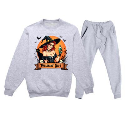 Wicked Girl Retro Pin Up Witch Halloween Premium Crewneck Sweatsuit Set