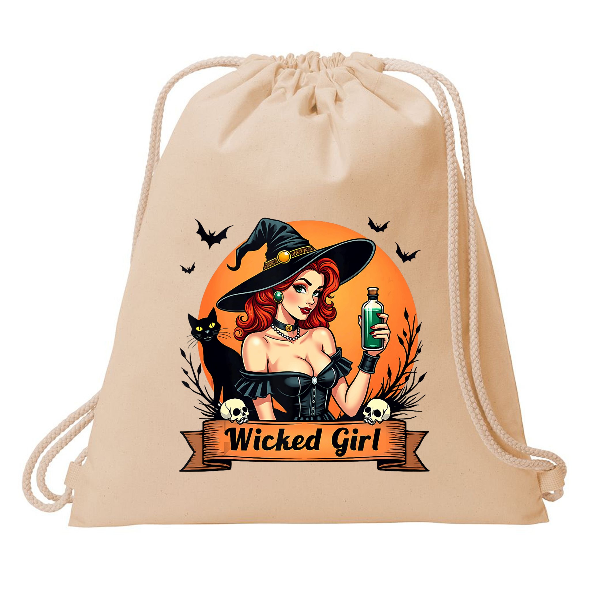 Wicked Girl Retro Pin Up Witch Halloween Drawstring Bag