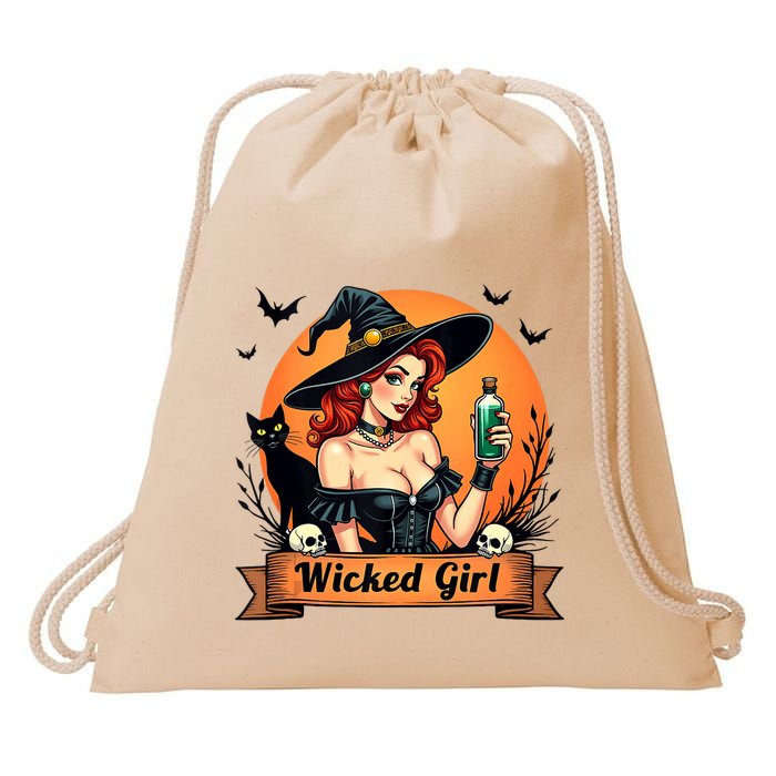 Wicked Girl Retro Pin Up Witch Halloween Drawstring Bag