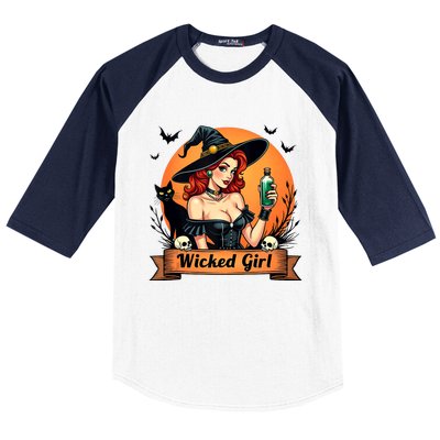 Wicked Girl Retro Pin Up Witch Halloween Baseball Sleeve Shirt