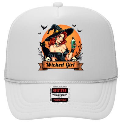 Wicked Girl Retro Pin Up Witch Halloween High Crown Mesh Back Trucker Hat