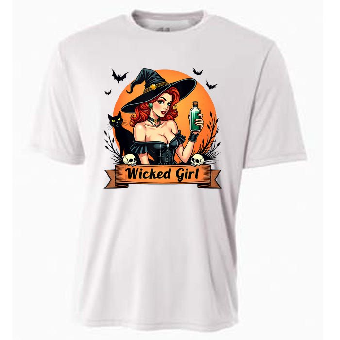 Wicked Girl Retro Pin Up Witch Halloween Cooling Performance Crew T-Shirt