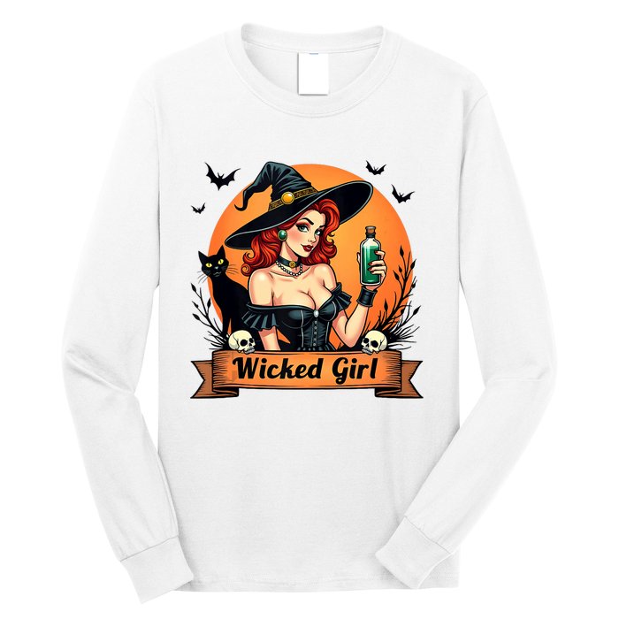 Wicked Girl Retro Pin Up Witch Halloween Long Sleeve Shirt