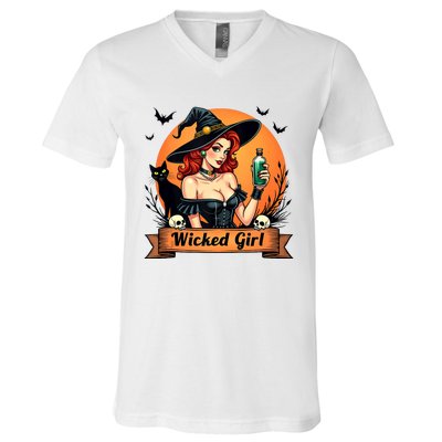 Wicked Girl Retro Pin Up Witch Halloween V-Neck T-Shirt