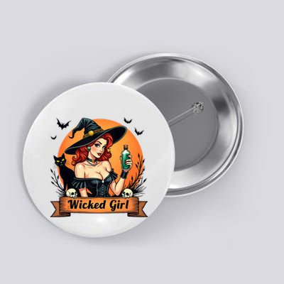 Wicked Girl Retro Pin Up Witch Halloween Button