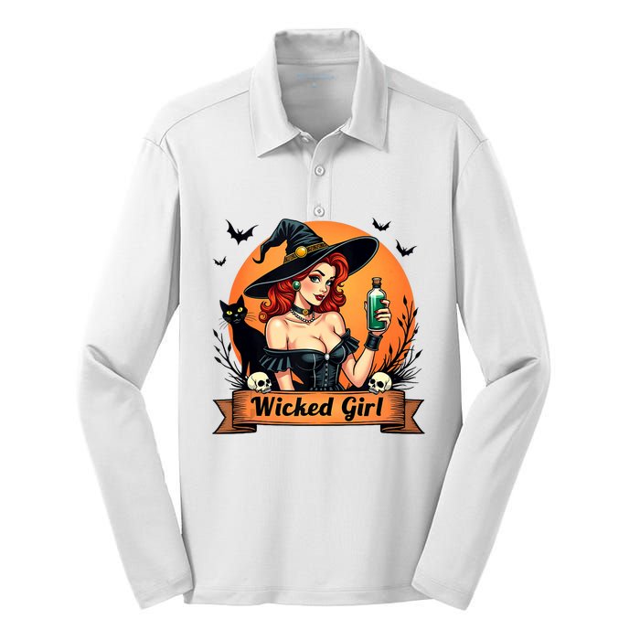 Wicked Girl Retro Pin Up Witch Halloween Silk Touch Performance Long Sleeve Polo