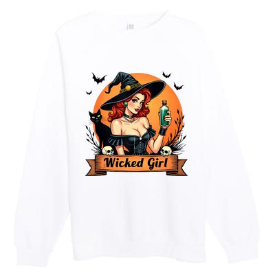 Wicked Girl Retro Pin Up Witch Halloween Premium Crewneck Sweatshirt