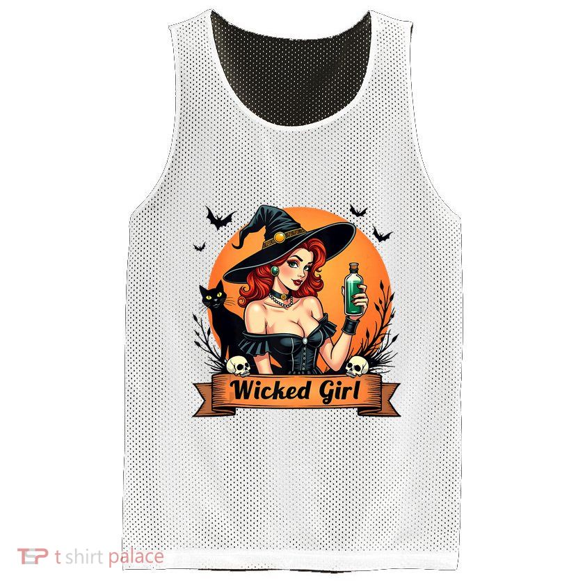 Wicked Girl Retro Pin Up Witch Halloween Mesh Reversible Basketball Jersey Tank
