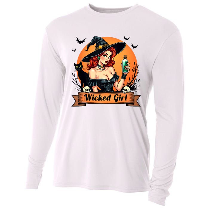 Wicked Girl Retro Pin Up Witch Halloween Cooling Performance Long Sleeve Crew