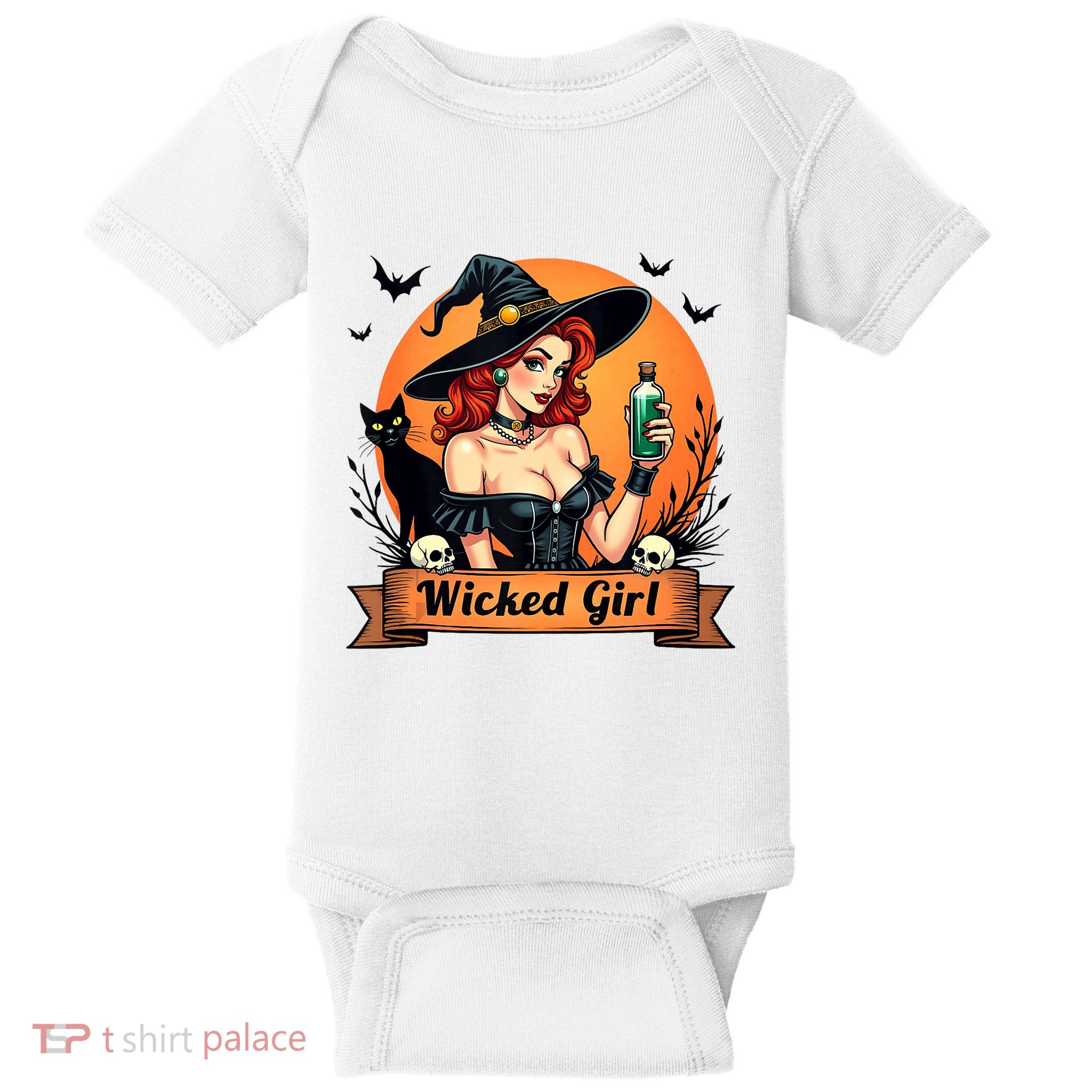 Wicked Girl Retro Pin Up Witch Halloween Baby Bodysuit