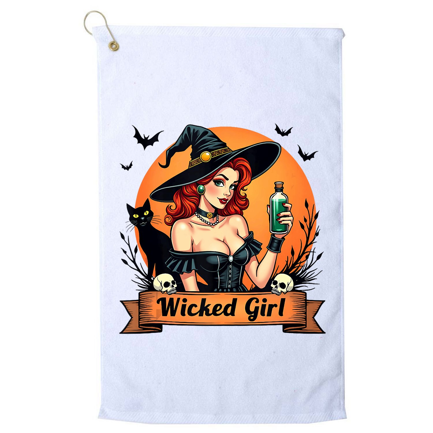 Wicked Girl Retro Pin Up Witch Halloween Golf Towel