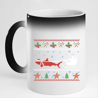 White Great Shark Ugly Christmas Sweater Santa Claus Sleigh Great Gift 11oz Black Color Changing Mug