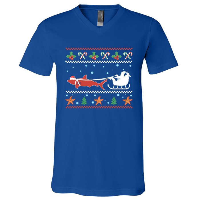 White Great Shark Ugly Christmas Sweater Santa Claus Sleigh Great Gift V-Neck T-Shirt