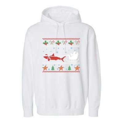 White Great Shark Ugly Christmas Sweater Santa Claus Sleigh Great Gift Garment-Dyed Fleece Hoodie