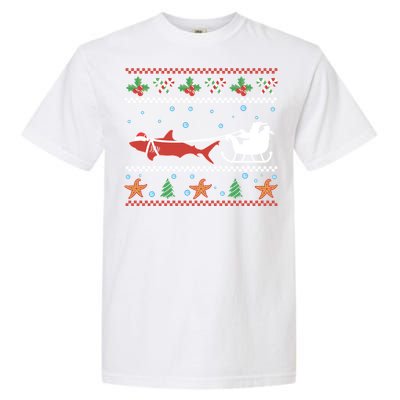 White Great Shark Ugly Christmas Sweater Santa Claus Sleigh Great Gift Garment-Dyed Heavyweight T-Shirt