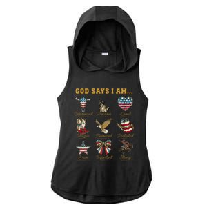 Western God Says I Am 4th Of July Distressed Ladies PosiCharge Tri-Blend Wicking Draft Hoodie Tank