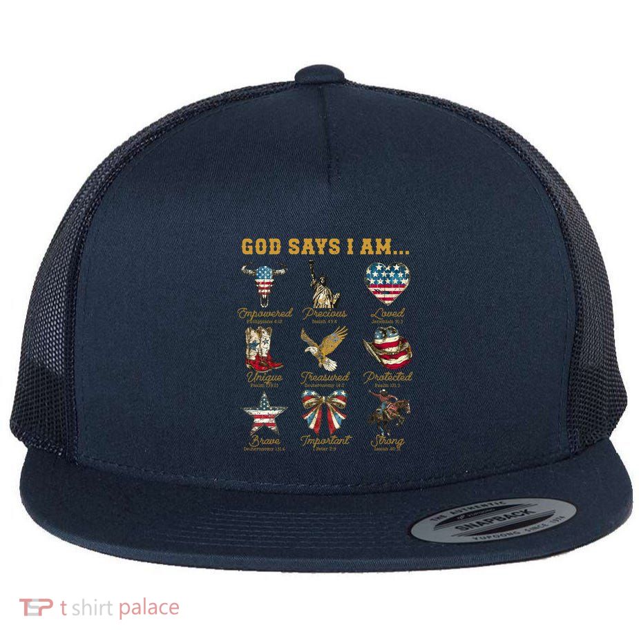 Western God Says I Am 4th Of July Distressed Flat Bill Trucker Hat